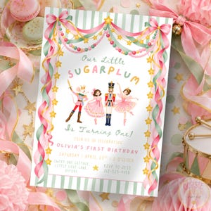 Sugarplum First Birthday Invitation, Our Little Sugarplum Is Turning One Invite featuring characters from The Nutcracker, Canva Template