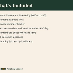 May include: A digital document list titled What's included with orange checkmarks next to items: Quote, invoice and invoice log (VAT on or off), Plumbing example lines, Service reminder tracker, Next service date and 'send reminder now' flag, Plumbing job sheet (Word and PDF), 60 customer messages, Plumbing job description library. Bottom text: G&L Graft & Ledger.