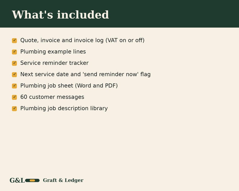 May include: A digital document list titled What's included with orange checkmarks next to items: Quote, invoice and invoice log (VAT on or off), Plumbing example lines, Service reminder tracker, Next service date and 'send reminder now' flag, Plumbing job sheet (Word and PDF), 60 customer messages, Plumbing job description library. Bottom text: G&L Graft & Ledger.