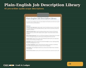 May include: A brown clipboard holding a document titled Plain-English Job Description Library, featuring 40 pre-written quote scope descriptions for electrical work, with the G&L Graft & Ledger logo and a price tag of 8 visible.