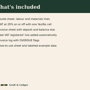 May include: A digital document titled What's included listing features: Quote sheet with labour and materials, VAT at 20% toggle, Invoice sheet with deposit and balance, Not VAT registered line, Invoice log with OVERDUE flags, and How-to-use sheet.