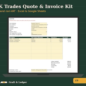 UK Invoice and Quote Template for Tradesmen, VAT and Non-VAT, Excel and Google Sheets