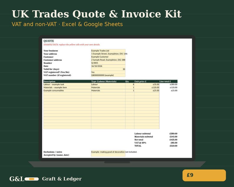 May include: A digital UK Trades Quote & Invoice Kit template for Excel and Google Sheets displayed on a laptop screen. The document includes fields for business details, customer information, VAT status, and a detailed itemized table with pricing.