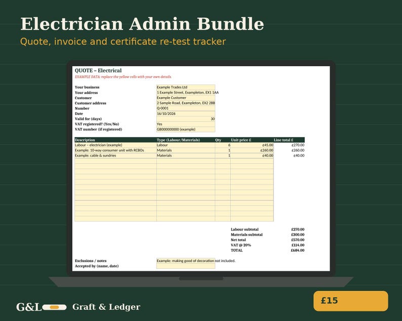 May include: A digital Electrician Admin Bundle template displayed on a screen, featuring a Quote, invoice, and certificate re-test tracker. The document includes fields for business details, customer information, itemized descriptions, quantities, unit prices, and totals in British pounds.
