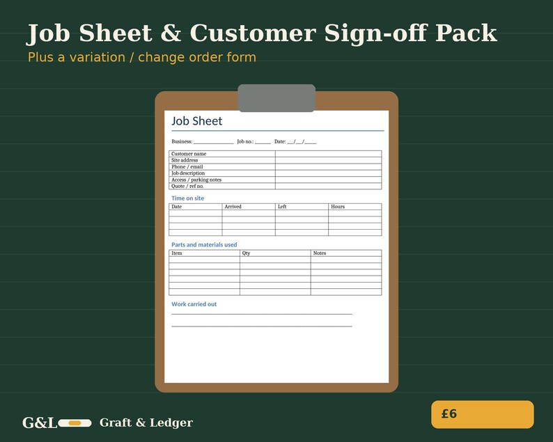 May include: A Job Sheet & Customer Sign-off Pack featuring a brown clipboard holding a printed job sheet form with sections for business details, customer information, time on site, parts and materials used, and work carried out.