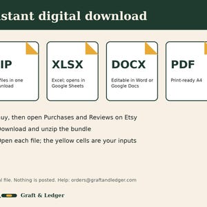 May include: An informational graphic titled Instant digital download featuring four icons for ZIP, XLSX, DOCX, and PDF file formats. It includes three numbered steps for accessing files and the brand name G&L Graft & Ledger at the bottom.