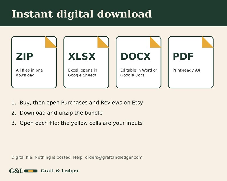 May include: An informational graphic titled Instant digital download featuring four icons for ZIP, XLSX, DOCX, and PDF file formats. It includes three numbered steps for accessing files and the brand name G&L Graft & Ledger at the bottom.