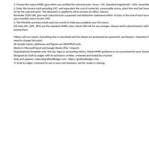 CIS Subcontractor Deduction Tracker, UK Construction Industry Scheme 20/30% Excel Spreadsheet, Monthly CIS Summary for Contractors