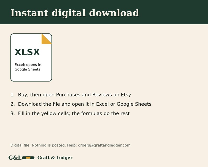Może przedstawiać: Grafika z instrukcją dla pliku cyfrowego z tekstem Instant digital download. Zawiera ikonę XLSX oraz trzy kroki: 1. Buy, then open Purchases and Reviews on Etsy, 2. Download the file, 3. Fill in the yellow cells. Zawiera oznaczenie G&L Graft & Ledger.