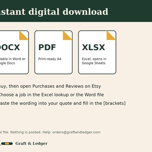 May include: An informational graphic titled Instant digital download featuring three white icons for DOCX, PDF, and XLSX files with yellow corners. Text instructions outline a three-step process for using the files, including an email address for support.