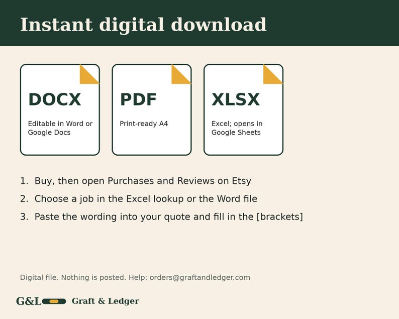 May include: An informational graphic titled Instant digital download featuring three white icons for DOCX, PDF, and XLSX files with yellow corners. Text instructions outline a three-step process for using the files, including an email address for support.