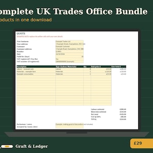 May include: A digital document template titled Complete UK Trades Office Bundle displayed on a laptop screen. The document is a quote form with yellow input fields for business details, customer information, and a table for labor and materials.