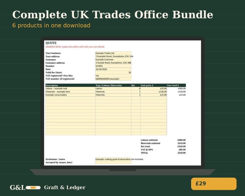 May include: A digital document template titled Complete UK Trades Office Bundle displayed on a laptop screen. The document is a quote form with yellow input fields for business details, customer information, and a table for labor and materials.