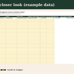 May include: A digital spreadsheet template titled Boiler & appliance service reminder tracker with columns for customer details, address, contact info, appliance model, service dates, and intervals. The table features yellow cells for data entry.