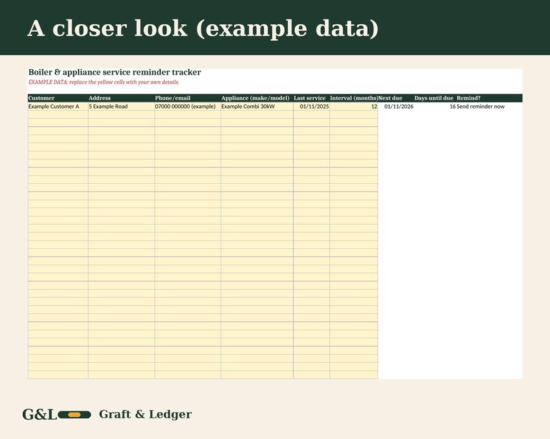 May include: A digital spreadsheet template titled Boiler & appliance service reminder tracker with columns for customer details, address, contact info, appliance model, service dates, and intervals. The table features yellow cells for data entry.