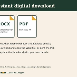 May include: An instant digital download graphic featuring DOCX and PDF file icons. Text includes instructions to buy, download, and edit brackets with personal details. The bottom displays the email orders@graftandledger.com and the brand name G&L Graft & Ledger.