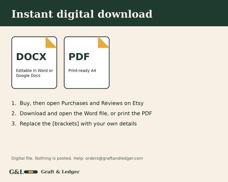 May include: An instant digital download graphic featuring DOCX and PDF file icons. Text includes instructions to buy, download, and edit brackets with personal details. The bottom displays the email orders@graftandledger.com and the brand name G&L Graft & Ledger.