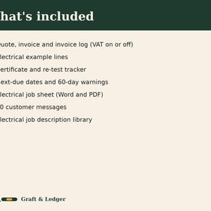 May include: A digital document list titled What's included with orange checkmarks next to items: Quote, invoice and invoice log (VAT on or off), Electrical example lines, Certificate and re-test tracker, Next-due dates and 60-day warnings, Electrical job sheet (Word and PDF), 60 customer messages, Electrical job description library. G&L Graft & Ledger logo at the bottom.
