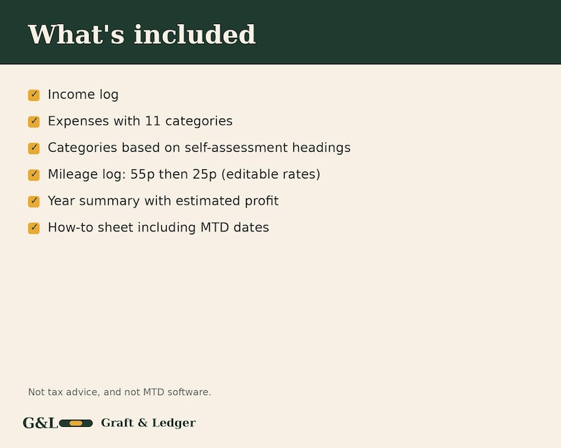 May include: A digital spreadsheet overview titled What's included, listing an income log, expenses with 11 categories, self-assessment headings, a mileage log with 55p and 25p rates, a year summary, and a how-to sheet with MTD dates. Brand: G&L Graft & Ledger.
