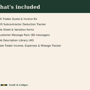 May include: A digital document list titled What's included featuring a UK Trades Quote & Invoice Kit, CIS Subcontractor Deduction Tracker, Job Sheet & Variation forms, Customer Message Pack (60 messages), Job Description Library (40), and Sole Trader Income, Expenses & Mileage Tracker with the G&L Graft & Ledger logo.
