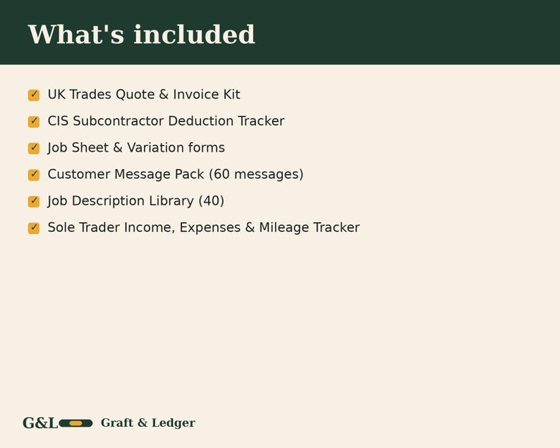 May include: A digital document list titled What's included featuring a UK Trades Quote & Invoice Kit, CIS Subcontractor Deduction Tracker, Job Sheet & Variation forms, Customer Message Pack (60 messages), Job Description Library (40), and Sole Trader Income, Expenses & Mileage Tracker with the G&L Graft & Ledger logo.