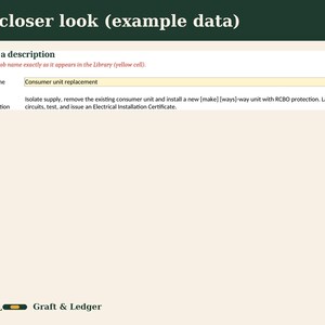 May include: A digital interface titled A closer look (example data) featuring a Find a description section. The job name field contains Consumer unit replacement, and the description field details steps for electrical installation.