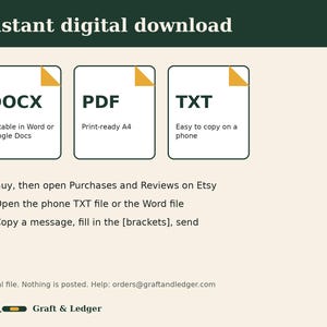 May include: An instant digital download graphic featuring three file icons labeled DOCX, PDF, and TXT with descriptions. Below are three numbered steps for using the files, followed by a help email address and the brand name G&L Graft & Ledger.