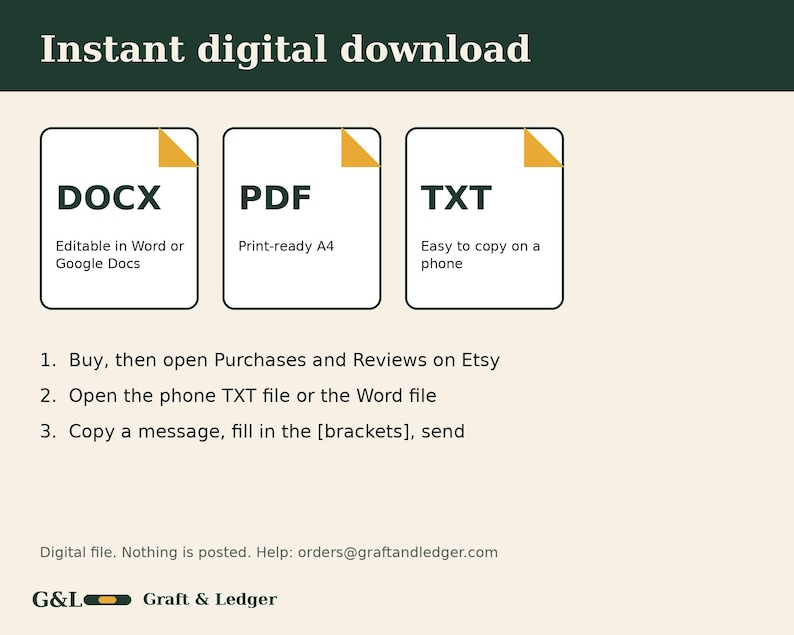 May include: An instant digital download graphic featuring three file icons labeled DOCX, PDF, and TXT with descriptions. Below are three numbered steps for using the files, followed by a help email address and the brand name G&L Graft & Ledger.