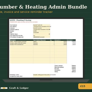 Plumber Invoice and Quote Template UK, Boiler Service Reminder Tracker, Job Sheet Bundle