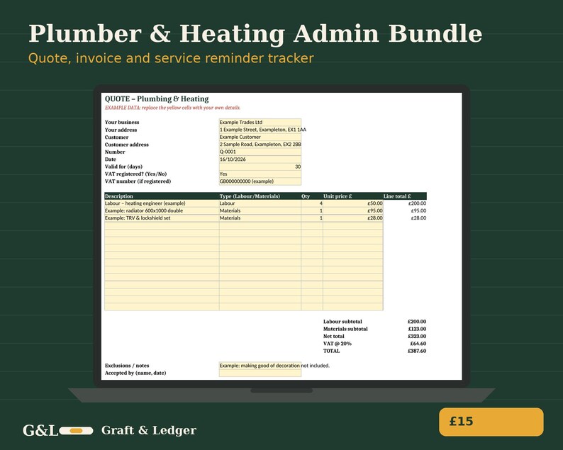 May include: A digital document titled Plumber & Heating Admin Bundle displayed on a screen, featuring a quote template with fields for business details, customer information, date, VAT status, and a table for labor and material costs.