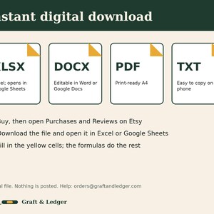 May include: An informational graphic titled Instant digital download displaying four file icons labeled XLSX, DOCX, PDF, and TXT with descriptions. It includes three numbered steps for downloading and using the file, plus contact email and brand name.