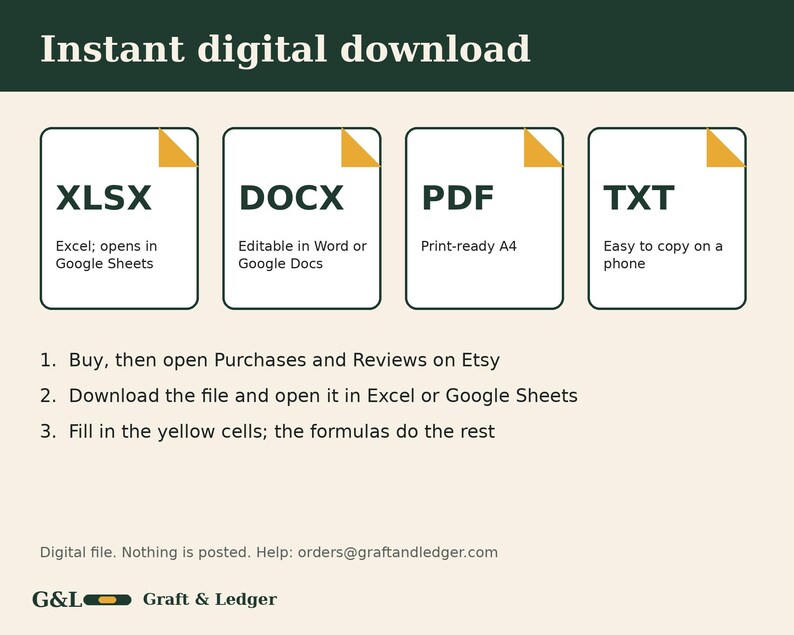 May include: An informational graphic titled Instant digital download displaying four file icons labeled XLSX, DOCX, PDF, and TXT with descriptions. It includes three numbered steps for downloading and using the file, plus contact email and brand name.