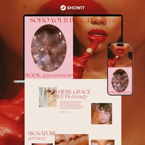 May include: A laptop and smartphone display a website with a light pink and cream color scheme. The interface features the text SOHO YOUR BEAUTY heaven, BOOK appointment, WHERE GRACE MEETS beauty, and SIGNATURE services, alongside photographic portraits.