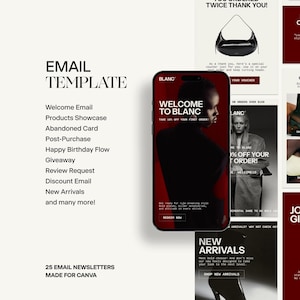 May include: A digital email template set for Canva featuring 25 newsletter designs. The display shows a smartphone screen with a Welcome to Blanc interface, surrounded by various marketing layouts in red and white with fashion photography.
