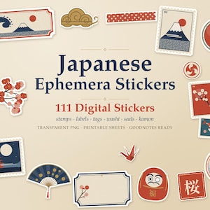 Könnte beinhalten: Eine Sammlung digitaler Aufkleber mit japanischen Motiven wie dem Berg Fuji, Kirschblüten, einer Daruma-Puppe, einem Papierkranich, einem Fächer und verschiedenen Briefmarken mit dem Text Japanese Ephemera Stickers 111 Digital Stickers.