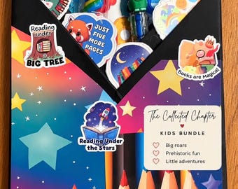 May include: A black envelope-style folder featuring a colorful space-themed design with stars, containing various stickers, a blue straw, and colored pencils. The folder displays the text The Collected Chapter KIDS BUNDLE, Big roars, Prehistoric fun, and Little adventures, along with several book-themed stickers.