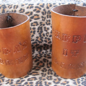 Made to Order- Leather Beer/ Soda holder  coozie personalized-  Graduation, Groomsmen Gifts, beach party