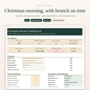 Christmas Brunch Planner Spreadsheet, Christmas Morning Host Planner with Gift Opening Order, Who Brings What and Timeline, Google Sheets image 1