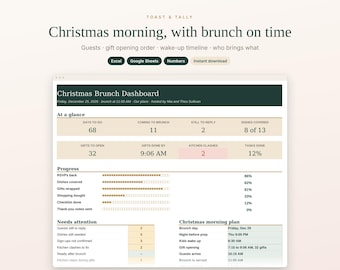 May include: A digital Christmas Brunch Dashboard spreadsheet template featuring sections for guest lists, gift opening orders, and timelines. The interface includes progress bars, task trackers, and planning tables for Excel, Google Sheets, and Numbers.