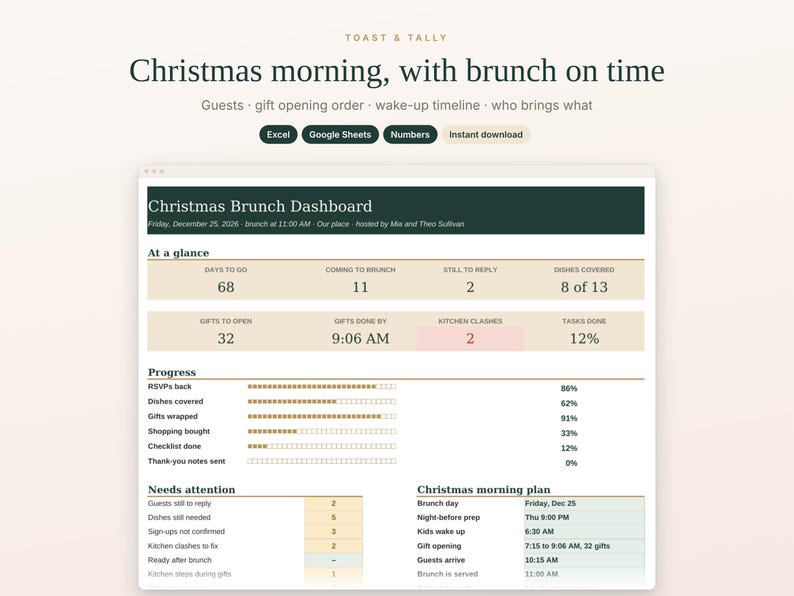 Christmas Brunch Planner Spreadsheet, Christmas Morning Host Planner with Gift Opening Order, Who Brings What and Timeline, Google Sheets image 1