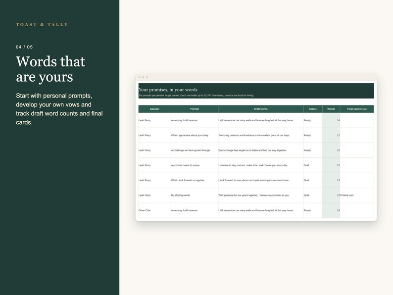 May include: A digital interface titled Toast & Tally featuring a table for tracking wedding vows. The table includes columns for speaker, prompt, draft words, status, and word count, with rows detailing personal promises and memory prompts.
