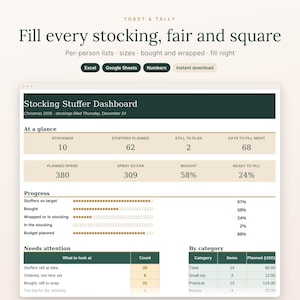 May include: A digital Stocking Stuffer Dashboard spreadsheet template titled Fill every stocking, fair and square. The interface displays progress bars, budget tracking, and category lists for Christmas planning, compatible with Excel, Google Sheets, and Numbers.