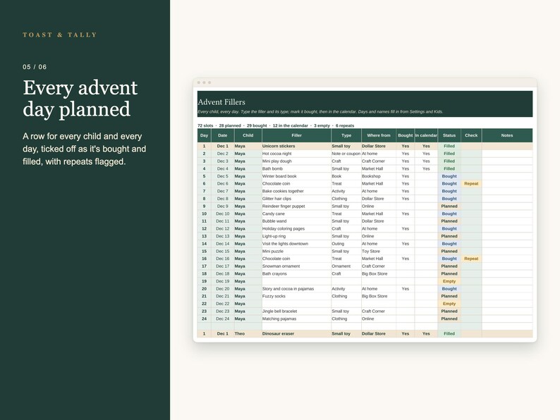 Julkalender för barn, önskelista, brev till jultomten, idéer till adventskalender, nedräkning, julklappar, Excel Google Sheets bild 6