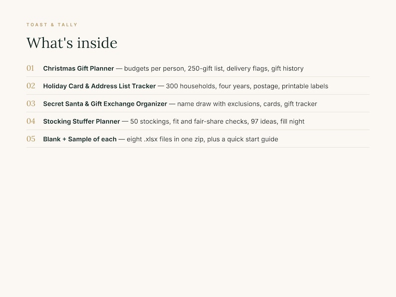 May include: A digital planner list titled Toast & Tally What's inside, featuring five sections: Christmas Gift Planner, Holiday Card & Address List Tracker, Secret Santa & Gift Exchange Organizer, Stocking Stuffer Planner, and Blank + Sample of each.