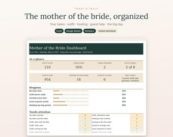 Mother of the Bride Planner Spreadsheet, MOB Checklist and Timeline, Outfit Tracker, Rehearsal Dinner Hosting, Excel Google Sheets