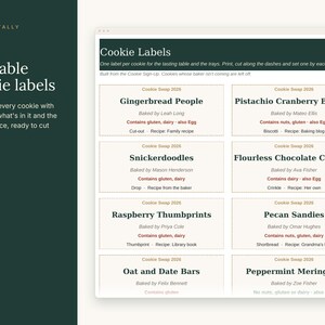 K&ouml;nnte beinhalten: Ein digitales Dokument mit druckbaren Keksetiketten und einer dunkelgr&uuml;nen Kopfzeile mit der Aufschrift Cookie Labels. Die Seite enth&auml;lt acht rechteckige Abschnitte mit gestrichelten R&auml;ndern, die Keksnamen, B&auml;cker und Allergenhinweise auflisten.