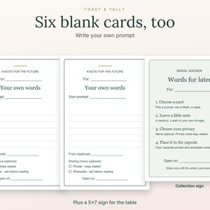 May include: Two identical white cards titled A NOTE FOR THE FUTURE with lines for prompts and a checkbox for privacy, alongside a pale green sign titled BRIDAL SHOWER Words for later with four numbered instructions for guests to follow.
