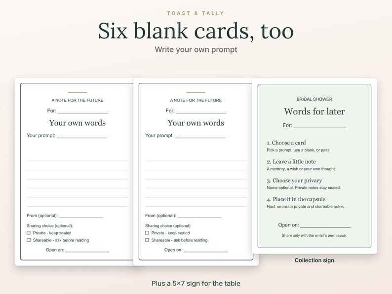 May include: Two identical white cards titled A NOTE FOR THE FUTURE with lines for prompts and a checkbox for privacy, alongside a pale green sign titled BRIDAL SHOWER Words for later with four numbered instructions for guests to follow.
