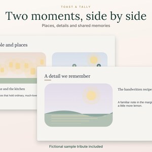 Op de afbeelding: Een digitale lay-out getiteld Toast & Tally Two moments, side by side. Het bevat secties met de kop People and places en A detail we remember, met illustraties van een meer, keuken en zon, plus bijbehorende tekst.