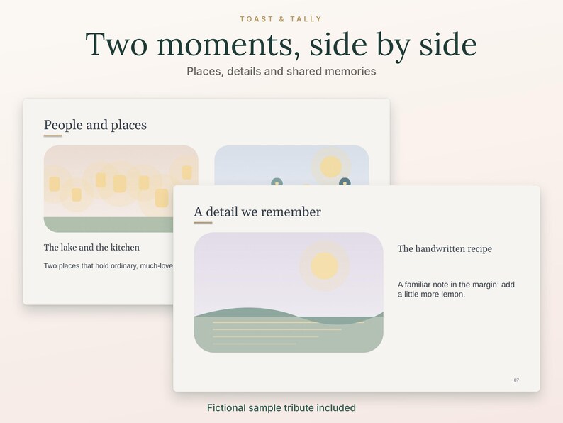 Op de afbeelding: Een digitale lay-out getiteld Toast & Tally Two moments, side by side. Het bevat secties met de kop People and places en A detail we remember, met illustraties van een meer, keuken en zon, plus bijbehorende tekst.